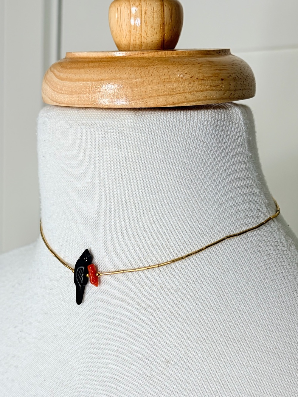 Delicate Gold Tone Beaded Choker Necklace with Black Bird and Red Bead Twist